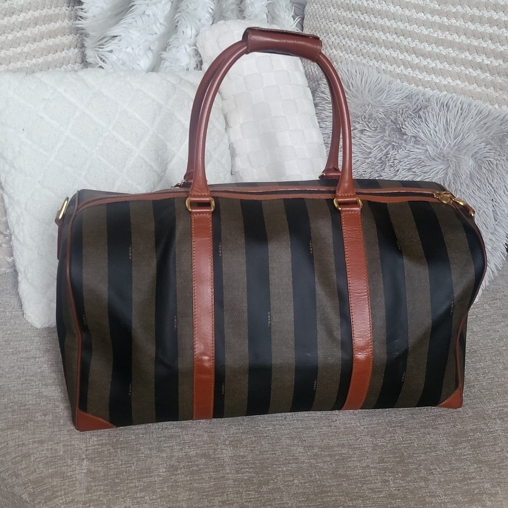 Fendi Pequin Striped Coated Canvas Boston 50 Bag - Picture 3 of 11
